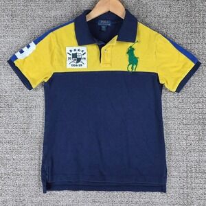 Polo Ralph Lauren Kids Big Pony Polo Shirt Navy Yellow Colorblock Size L 14-16